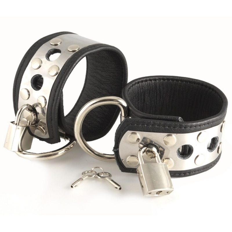 Leather Wrist Cuffs With Metal And Padlocks - Image 2